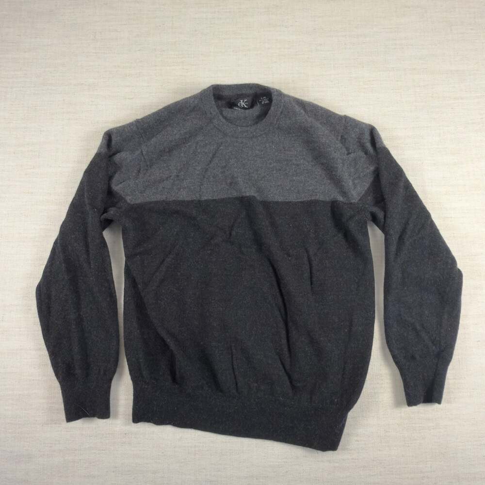 Calvin‎ Klein Sweater Mens Medium Blue/Black Two-Tone Color Block Merino Wool